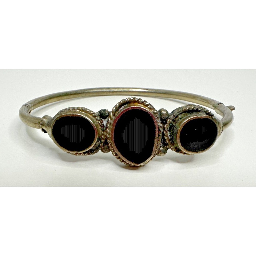 Mexico Silver Bracelet Black Stones Hinged Bangle Twisted Rope Detail